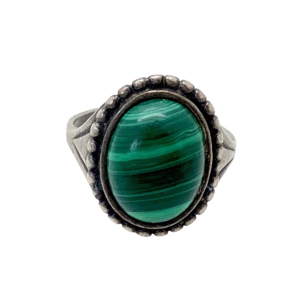 Vintage ART Poland Malachite Solitaire Ring Size 7.75 925 Sterling Silver Boho
